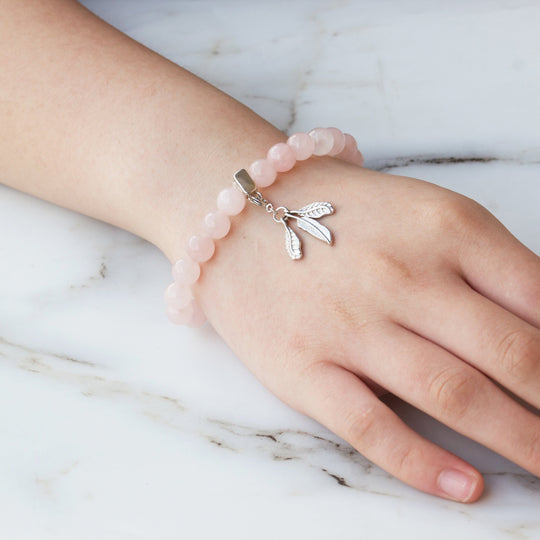 Rose Quartz Gemstone Stretch Bracelet with Charm Created with Zircondia® Crystals - Philip Jones Jewellery