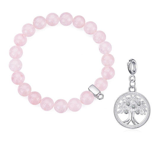Rose Quartz Gemstone Stretch Bracelet with Charm Created with Zircondia® Crystals - Philip Jones Jewellery