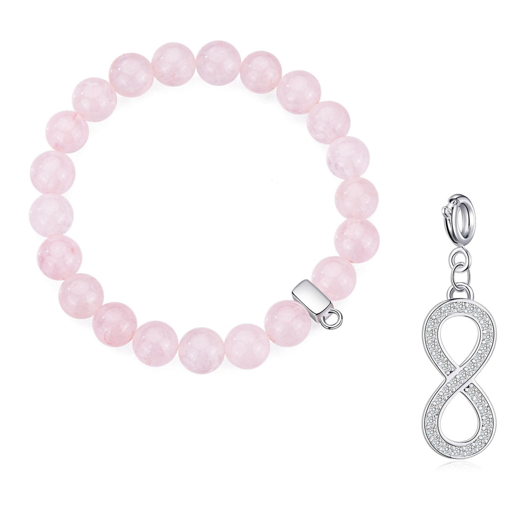 Rose Quartz Gemstone Stretch Bracelet with Charm Created with Zircondia® Crystals - Philip Jones Jewellery