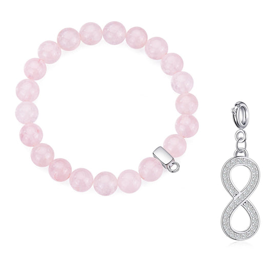 Rose Quartz Gemstone Stretch Bracelet with Charm Created with Zircondia® Crystals - Philip Jones Jewellery