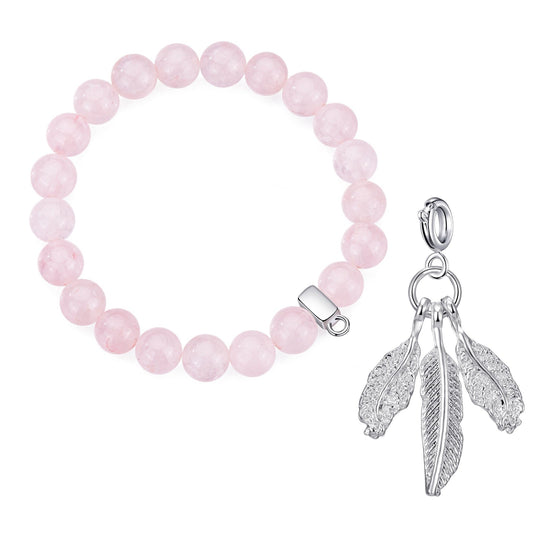Rose Quartz Gemstone Stretch Bracelet with Charm Created with Zircondia® Crystals - Philip Jones Jewellery