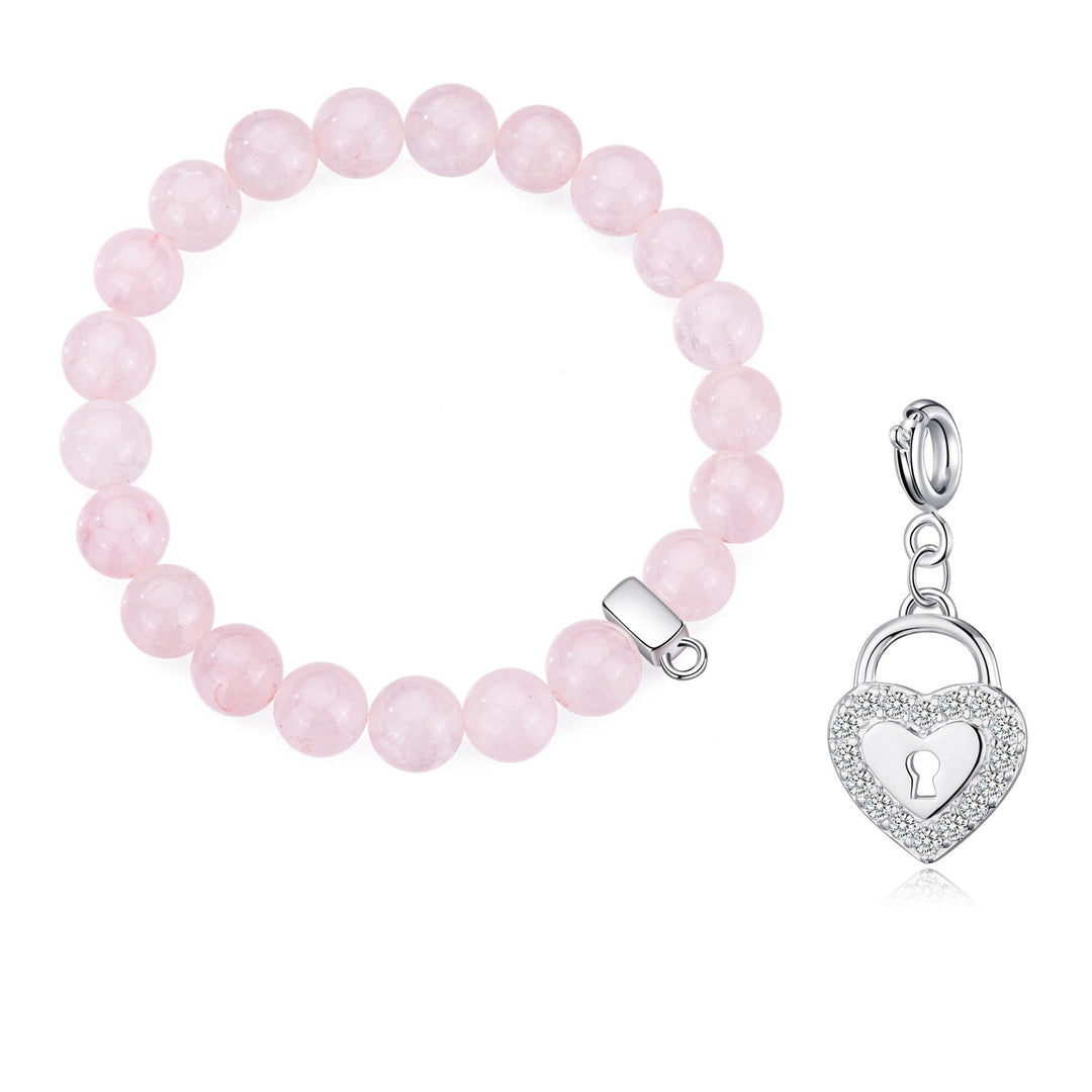 Rose Quartz Gemstone Stretch Bracelet with Charm Created with Zircondia® Crystals - Philip Jones Jewellery
