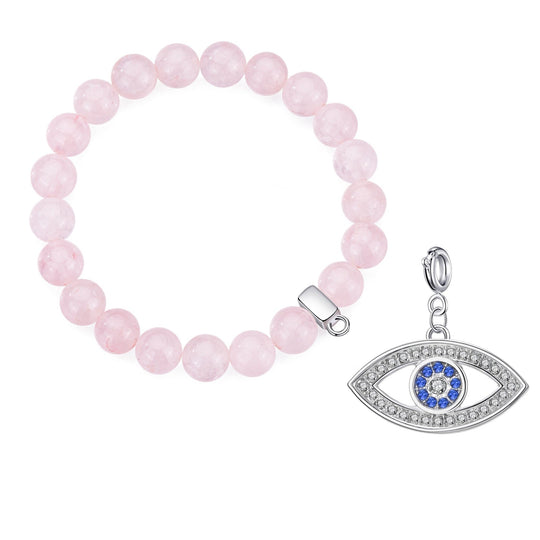 Rose Quartz Gemstone Stretch Bracelet with Charm Created with Zircondia® Crystals - Philip Jones Jewellery