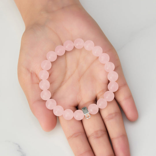 Rose Quartz Gemstone Stretch Bracelet with Charm Created with Zircondia® Crystals - Philip Jones Jewellery