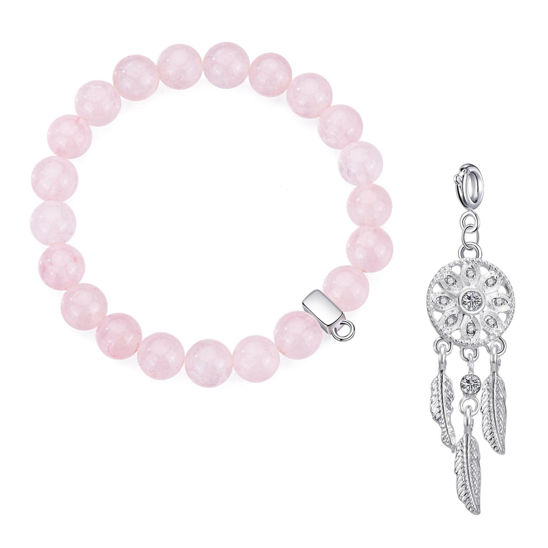Rose Quartz Gemstone Stretch Bracelet with Charm Created with Zircondia® Crystals - Philip Jones Jewellery