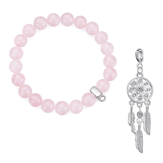 Rose Quartz Gemstone Stretch Bracelet with Charm Created with Zircondia® Crystals - Philip Jones Jewellery