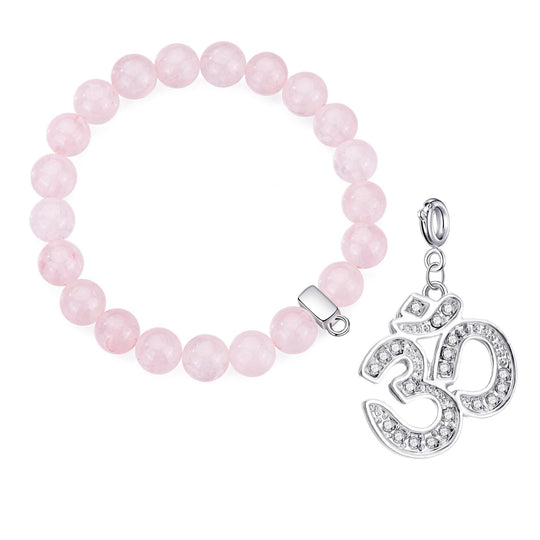 Rose Quartz Gemstone Stretch Bracelet with Charm Created with Zircondia® Crystals - Philip Jones Jewellery