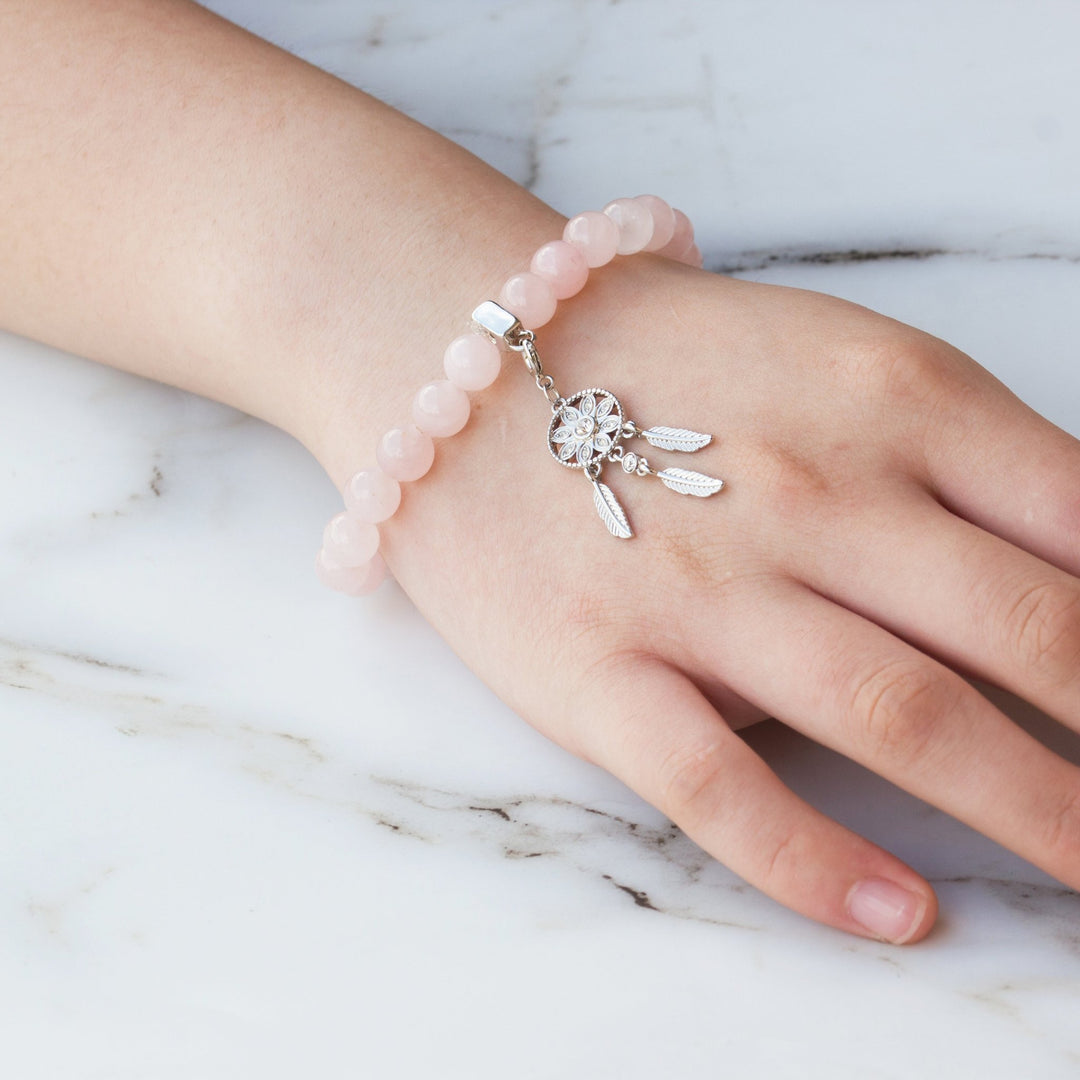 Rose Quartz Gemstone Stretch Bracelet with Charm Created with Zircondia® Crystals - Philip Jones Jewellery