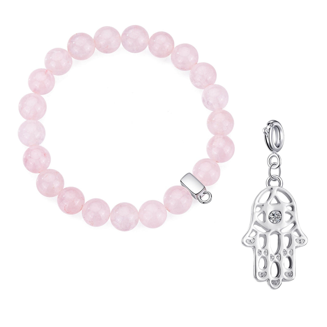 Rose Quartz Gemstone Stretch Bracelet with Charm Created with Zircondia® Crystals - Philip Jones Jewellery