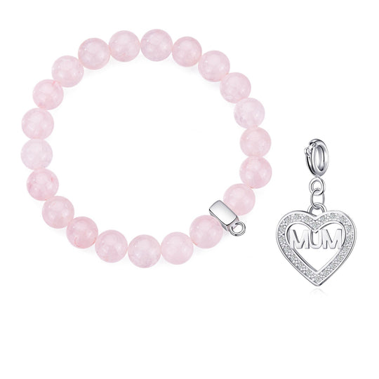 Rose Quartz Gemstone Stretch Bracelet with Charm Created with Zircondia® Crystals - Philip Jones Jewellery
