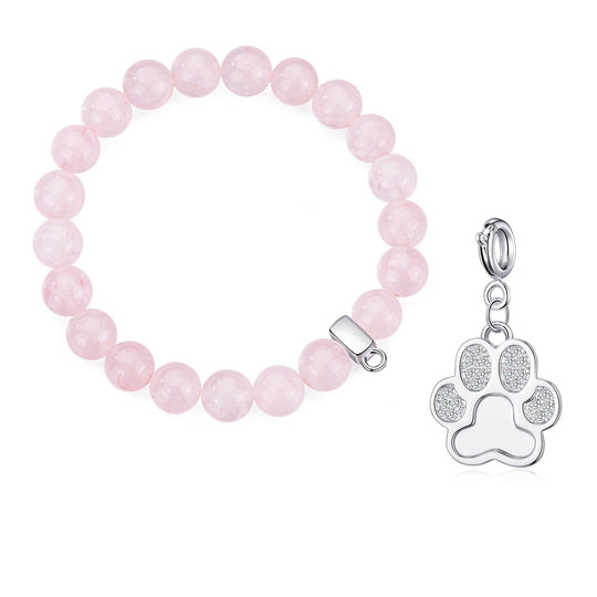 Rose Quartz Gemstone Stretch Bracelet with Charm Created with Zircondia® Crystals - Philip Jones Jewellery