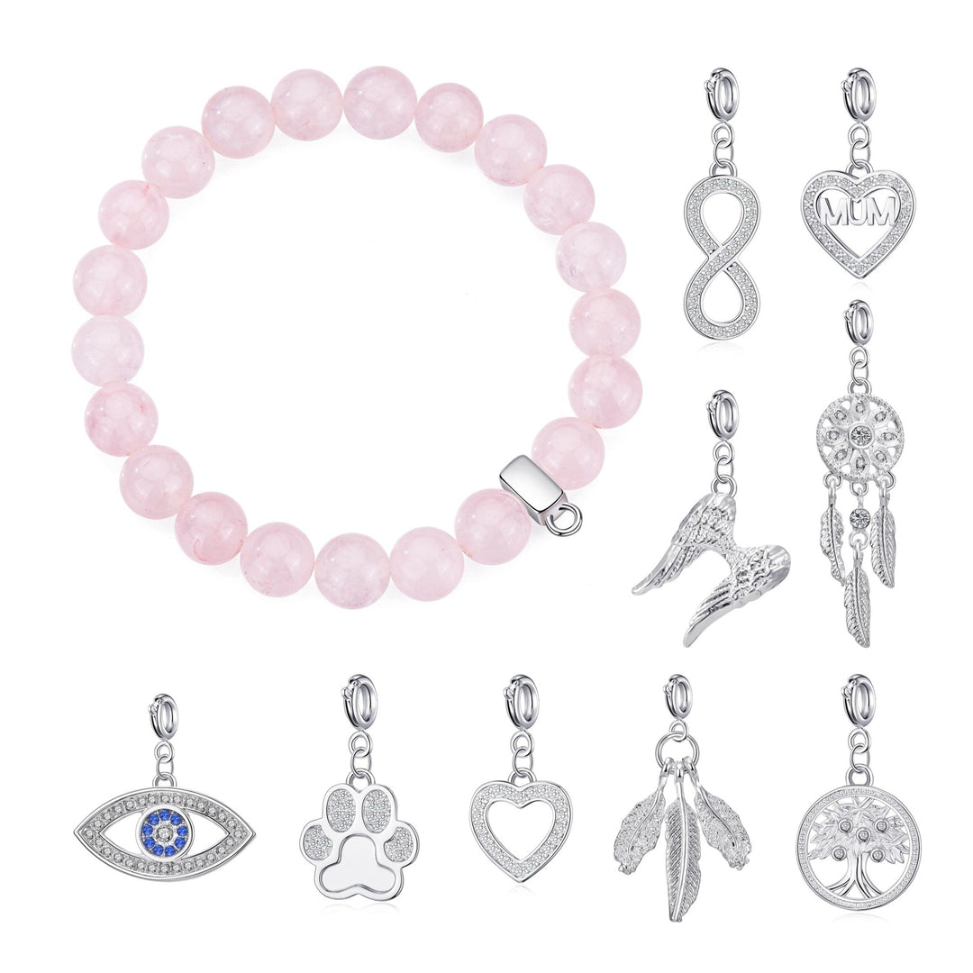 Rose Quartz Gemstone Stretch Bracelet with Charm Created with Zircondia® Crystals - Philip Jones Jewellery