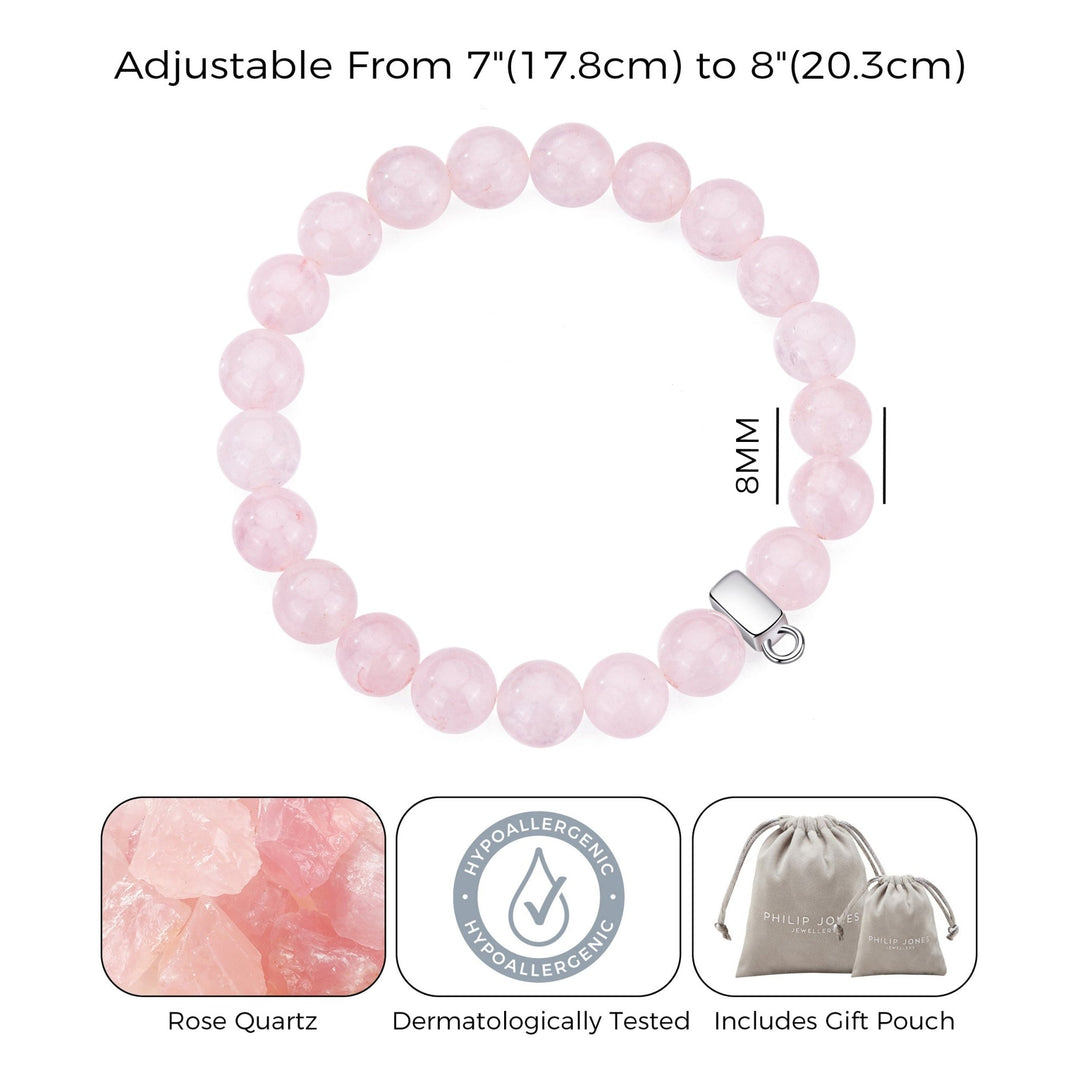 Rose Quartz Gemstone Stretch Bracelet with Charm Created with Zircondia® Crystals - Philip Jones Jewellery