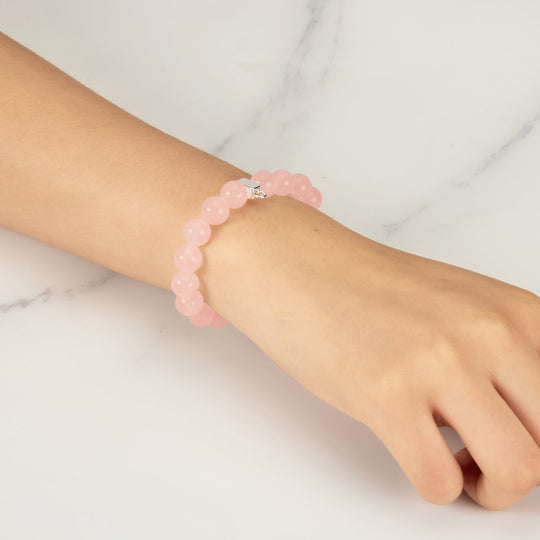 Rose Quartz Gemstone Stretch Bracelet with Charm Created with Zircondia® Crystals - Philip Jones Jewellery