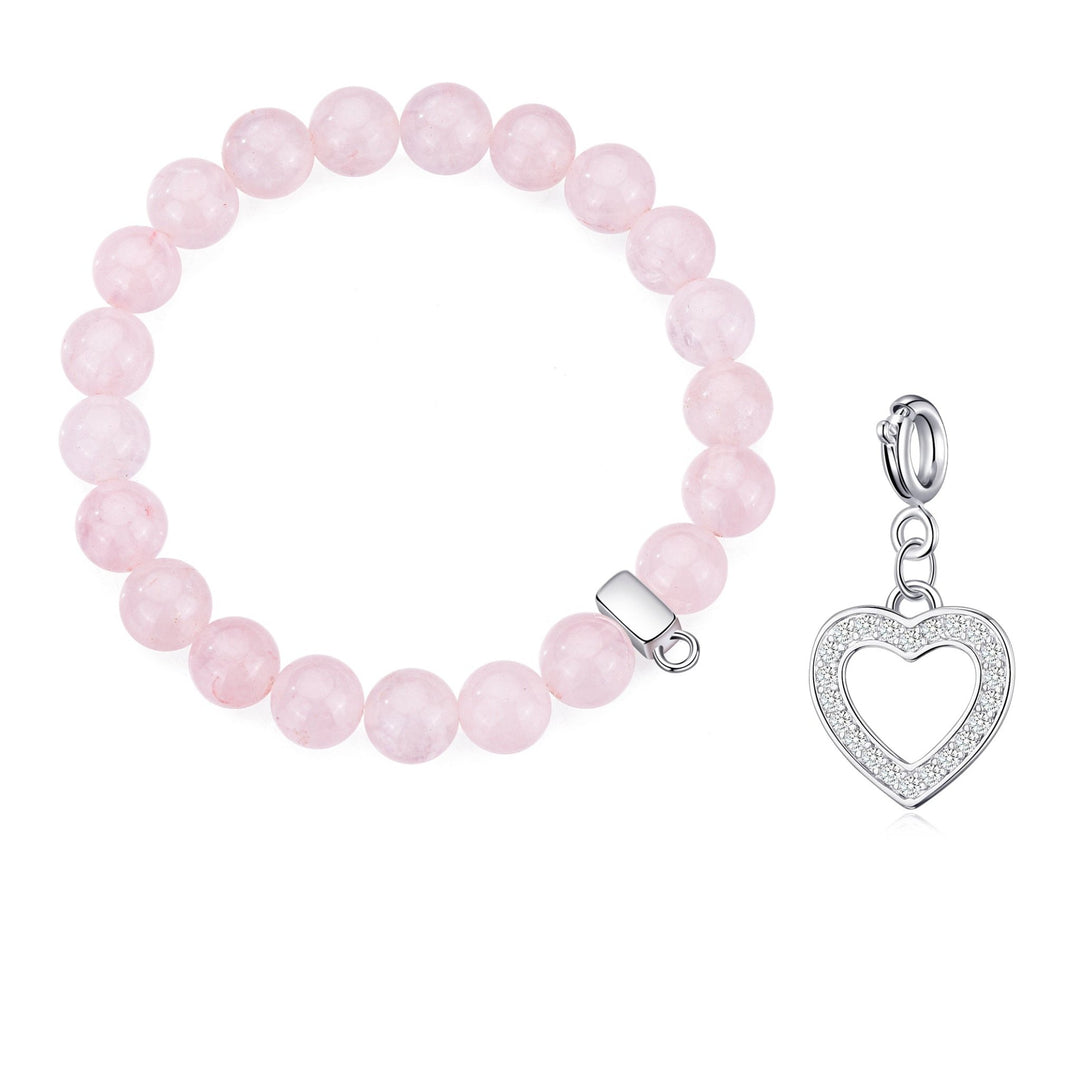 Rose Quartz Gemstone Stretch Bracelet with Charm Created with Zircondia® Crystals - Philip Jones Jewellery