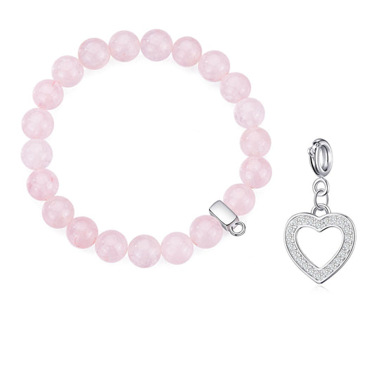 Rose Quartz Gemstone Stretch Bracelet with Charm Created with Zircondia® Crystals - Philip Jones Jewellery