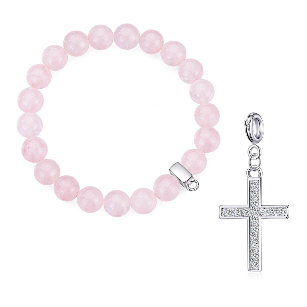 Rose Quartz Gemstone Stretch Bracelet with Charm Created with Zircondia® Crystals - Philip Jones Jewellery
