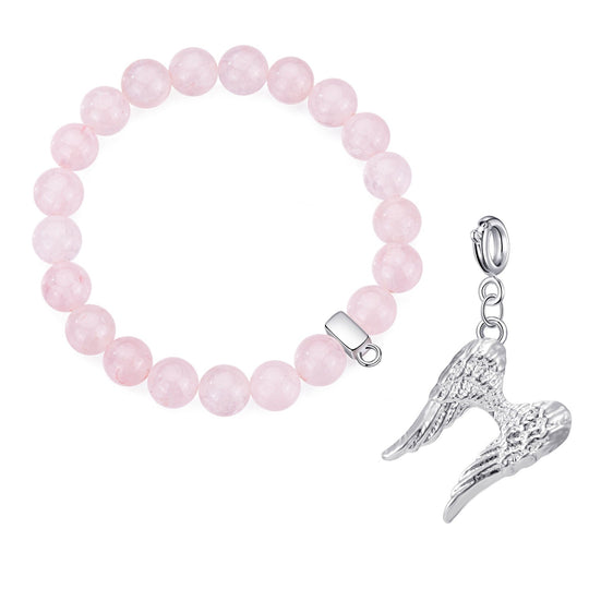 Rose Quartz Gemstone Stretch Bracelet with Charm Created with Zircondia® Crystals - Philip Jones Jewellery