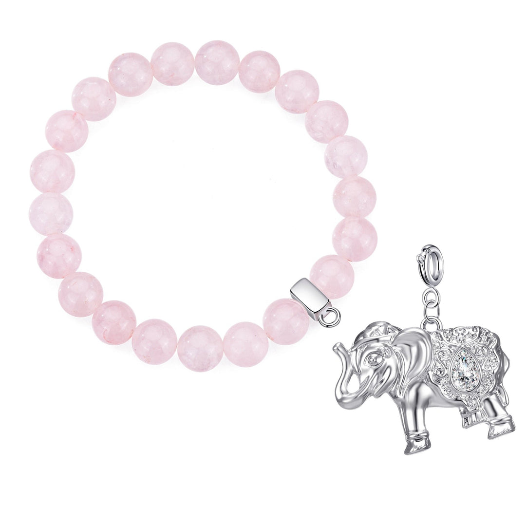 Rose Quartz Gemstone Stretch Bracelet with Charm Created with Zircondia® Crystals - Philip Jones Jewellery