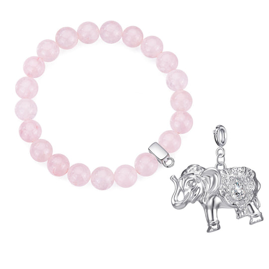 Rose Quartz Gemstone Stretch Bracelet with Charm Created with Zircondia® Crystals - Philip Jones Jewellery