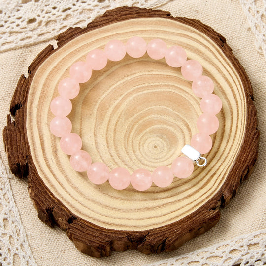 Rose Quartz Gemstone Stretch Bracelet with Charm Created with Zircondia® Crystals - Philip Jones Jewellery
