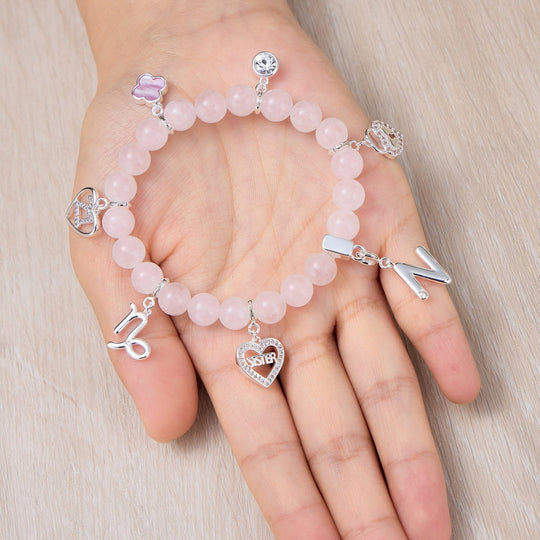 Rose Quartz Gemstone Stretch Bracelet with Option of Charms - Philip Jones Jewellery