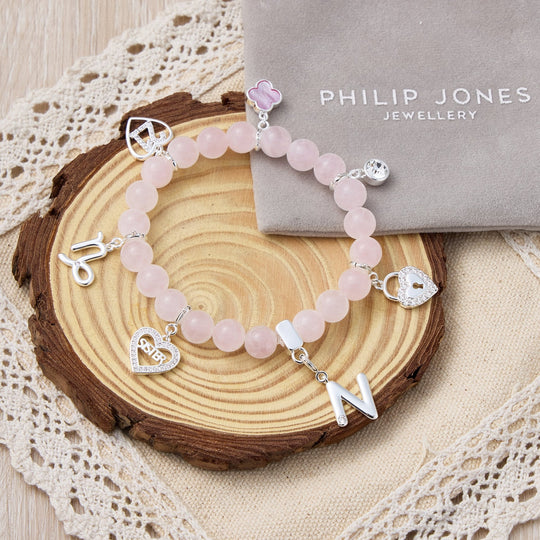 Rose Quartz Gemstone Stretch Bracelet with Option of Charms - Philip Jones Jewellery