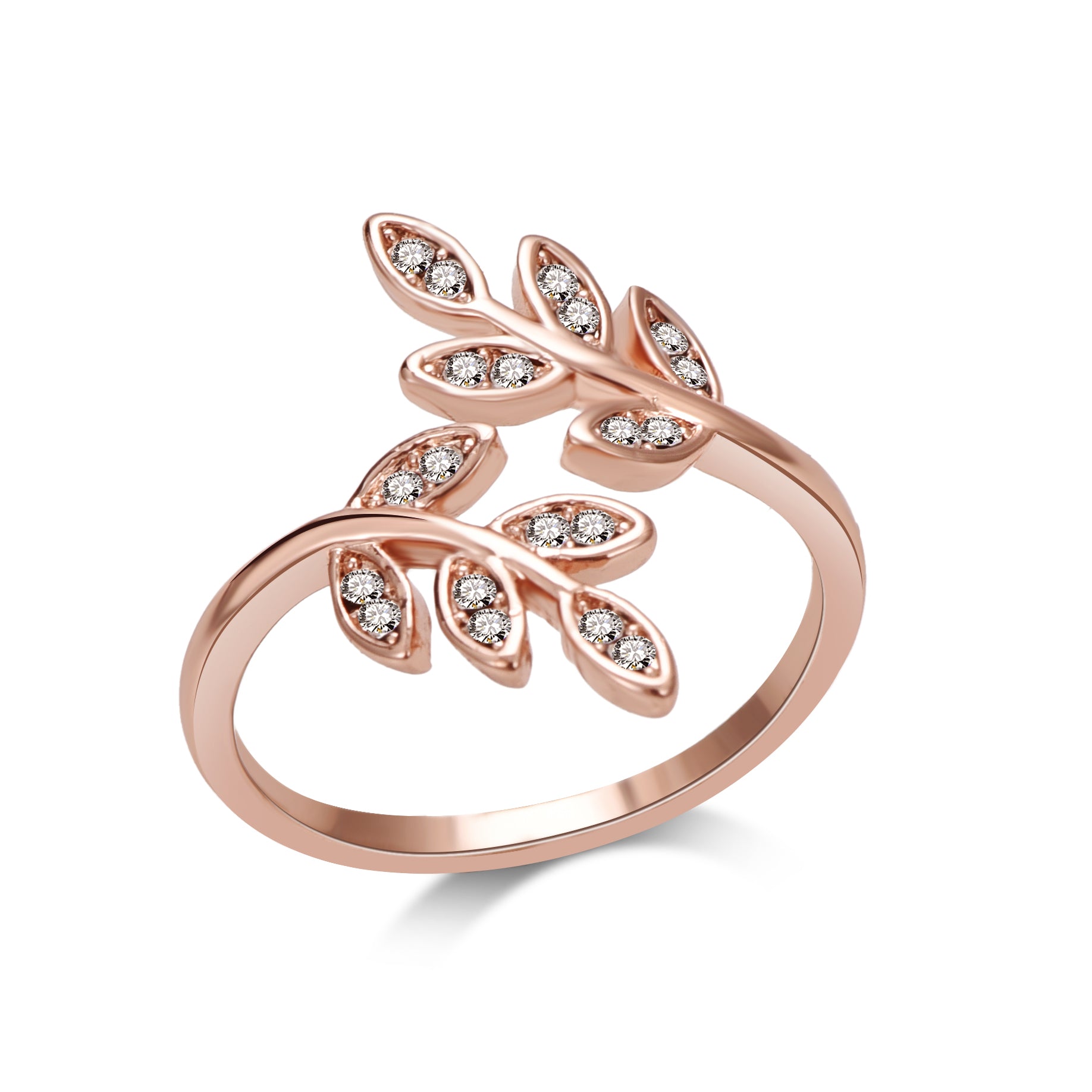 Rose Gold Plated Adjustable Leaf Ring Created with Zircondia® Crystals