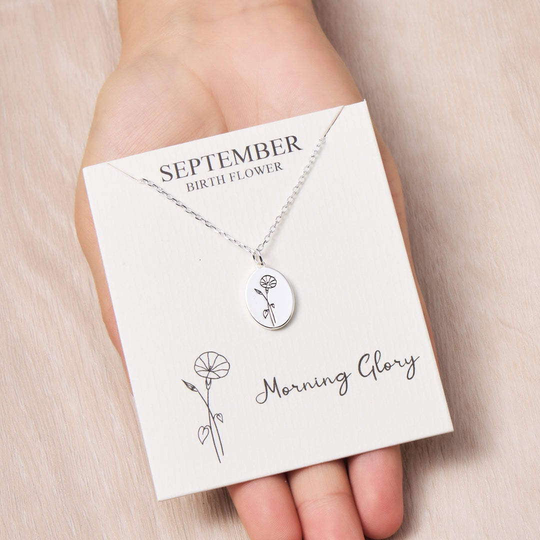 September Birth Flower Morning Glory Necklace with Card - Philip Jones Jewellery