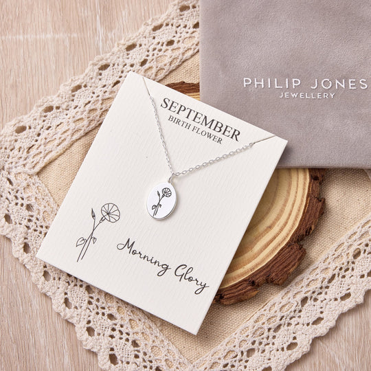 September Birth Flower Morning Glory Necklace with Card - Philip Jones Jewellery