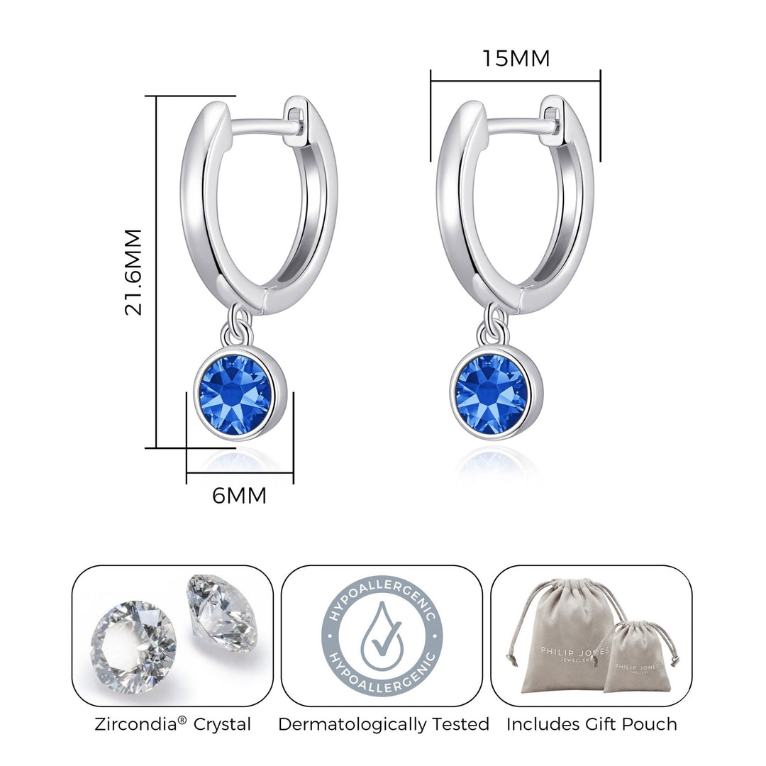 September Birthstone Hoop Earrings Created with Sapphire Zircondia® Crystals - Philip Jones Jewellery
