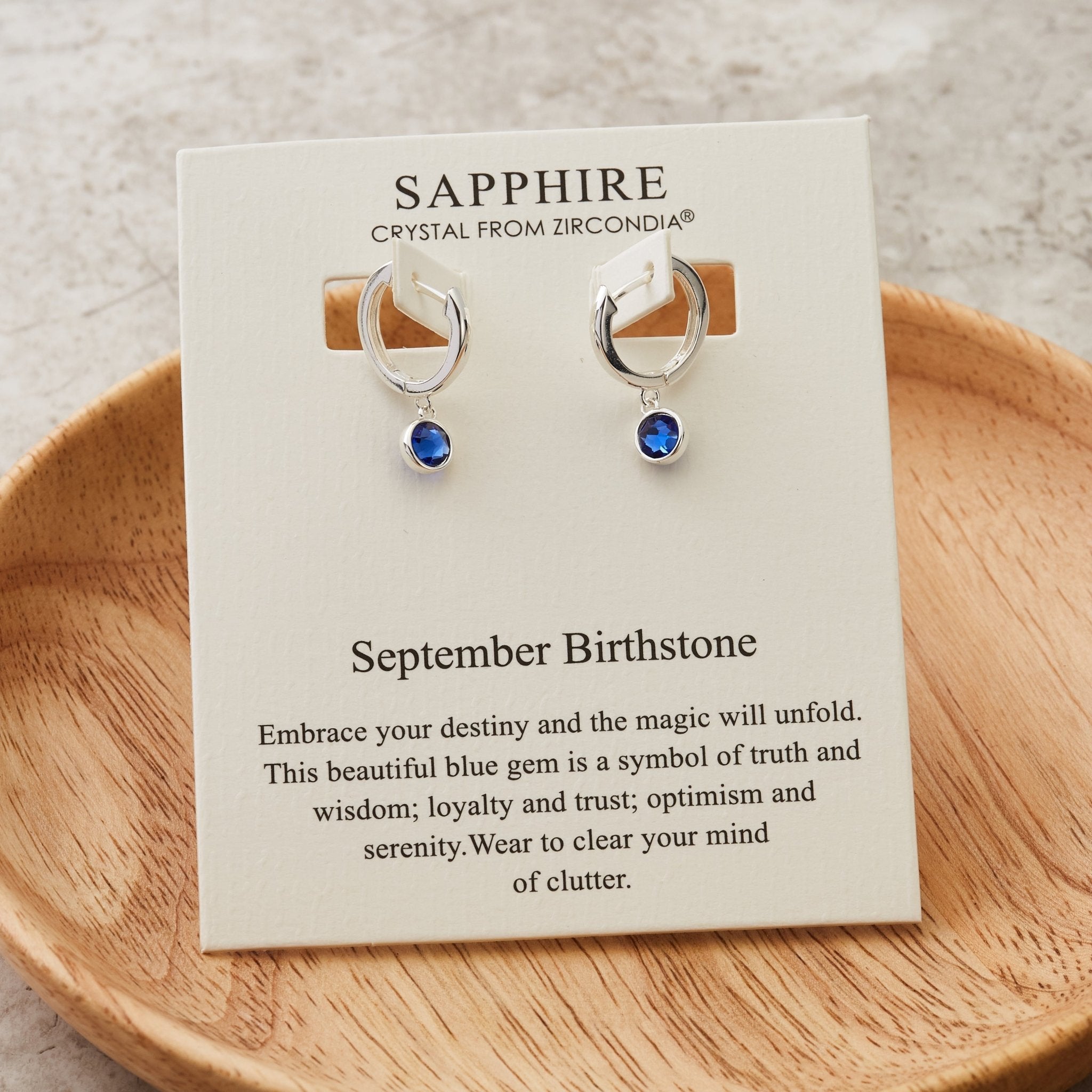 September Birthstone Hoop Earrings Created with Sapphire Zircondia® Crystals - Philip Jones Jewellery