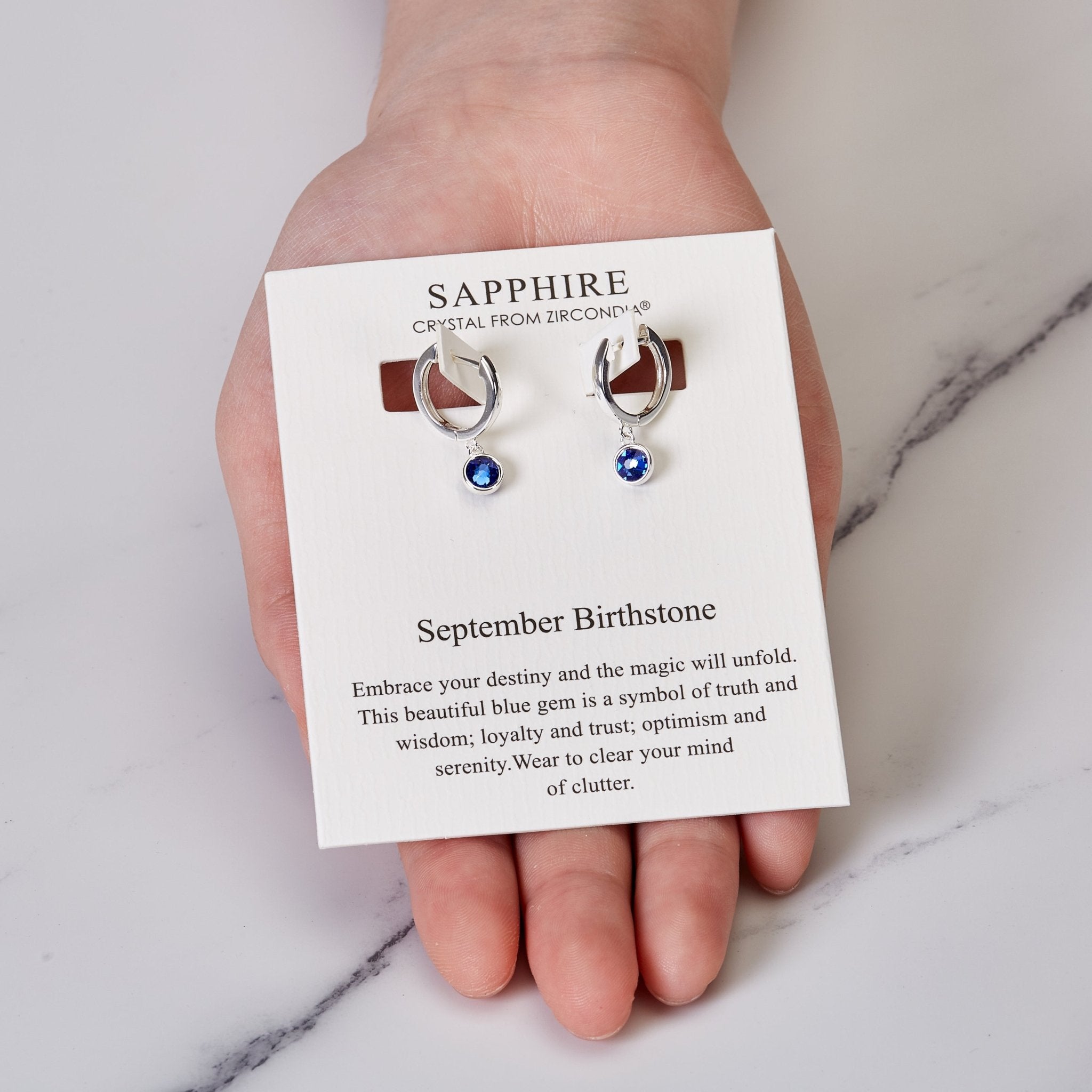 September Birthstone Hoop Earrings Created with Sapphire Zircondia® Crystals - Philip Jones Jewellery