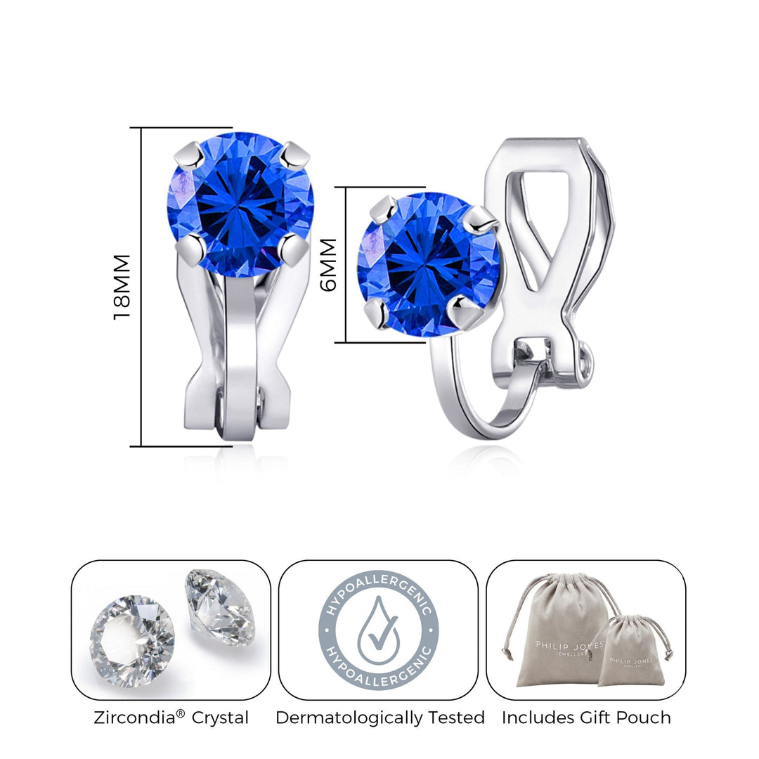 September (Sapphire) Birthstone Clip On Earrings Created with Zircondia® Crystals - Philip Jones Jewellery