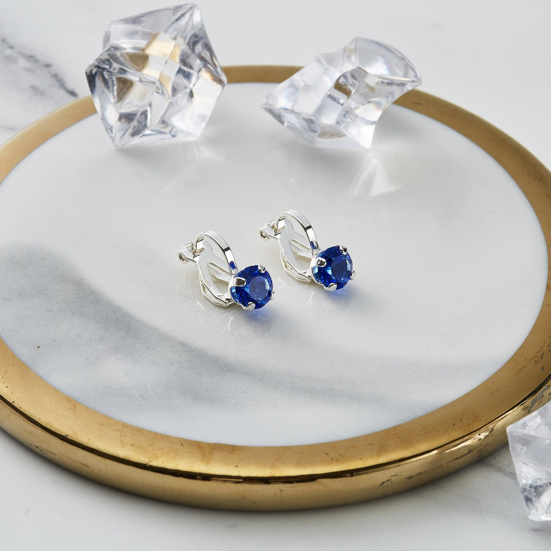 September (Sapphire) Birthstone Clip On Earrings Created with Zircondia® Crystals - Philip Jones Jewellery