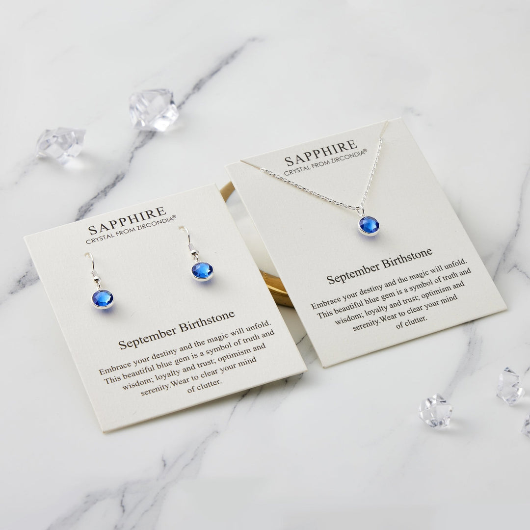 September (Sapphire) Birthstone Necklace & Drop Earrings Set Created with Zircondia® Crystals - Philip Jones Jewellery