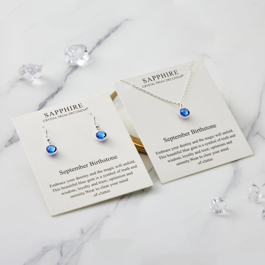 September (Sapphire) Birthstone Necklace & Drop Earrings Set Created with Zircondia® Crystals - Philip Jones Jewellery