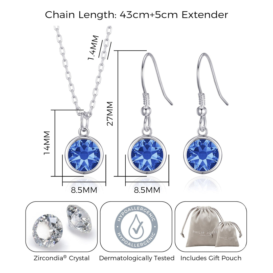 September (Sapphire) Birthstone Necklace & Drop Earrings Set Created with Zircondia® Crystals - Philip Jones Jewellery