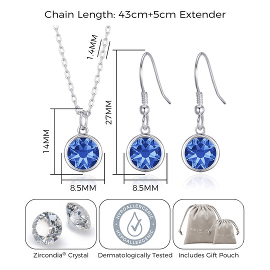 September (Sapphire) Birthstone Necklace & Drop Earrings Set Created with Zircondia® Crystals - Philip Jones Jewellery