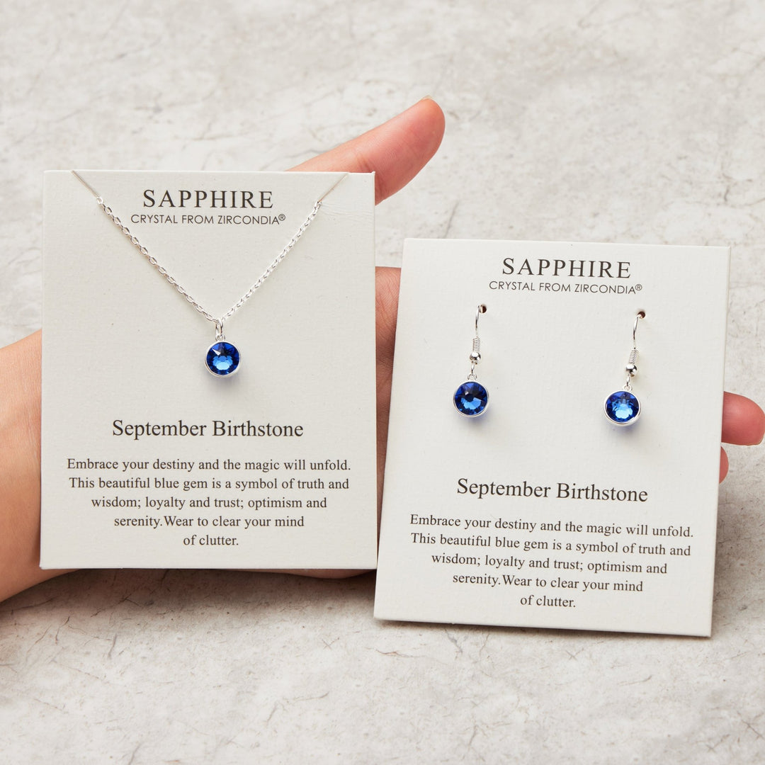 September (Sapphire) Birthstone Necklace & Drop Earrings Set Created with Zircondia® Crystals - Philip Jones Jewellery