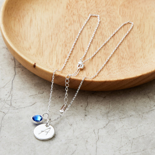 September (Sapphire) Birthstone Necklace with Initial Charm (A to Z) Created with Zircondia® Crystals - Philip Jones Jewellery