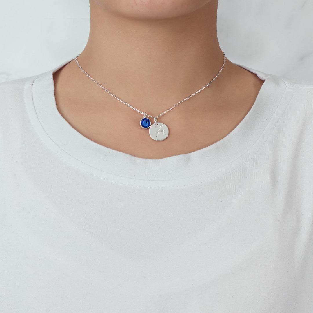 September (Sapphire) Birthstone Necklace with Initial Charm (A to Z) Created with Zircondia® Crystals - Philip Jones Jewellery