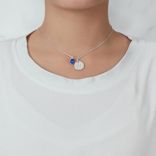September (Sapphire) Birthstone Necklace with Initial Charm (A to Z) Created with Zircondia® Crystals - Philip Jones Jewellery