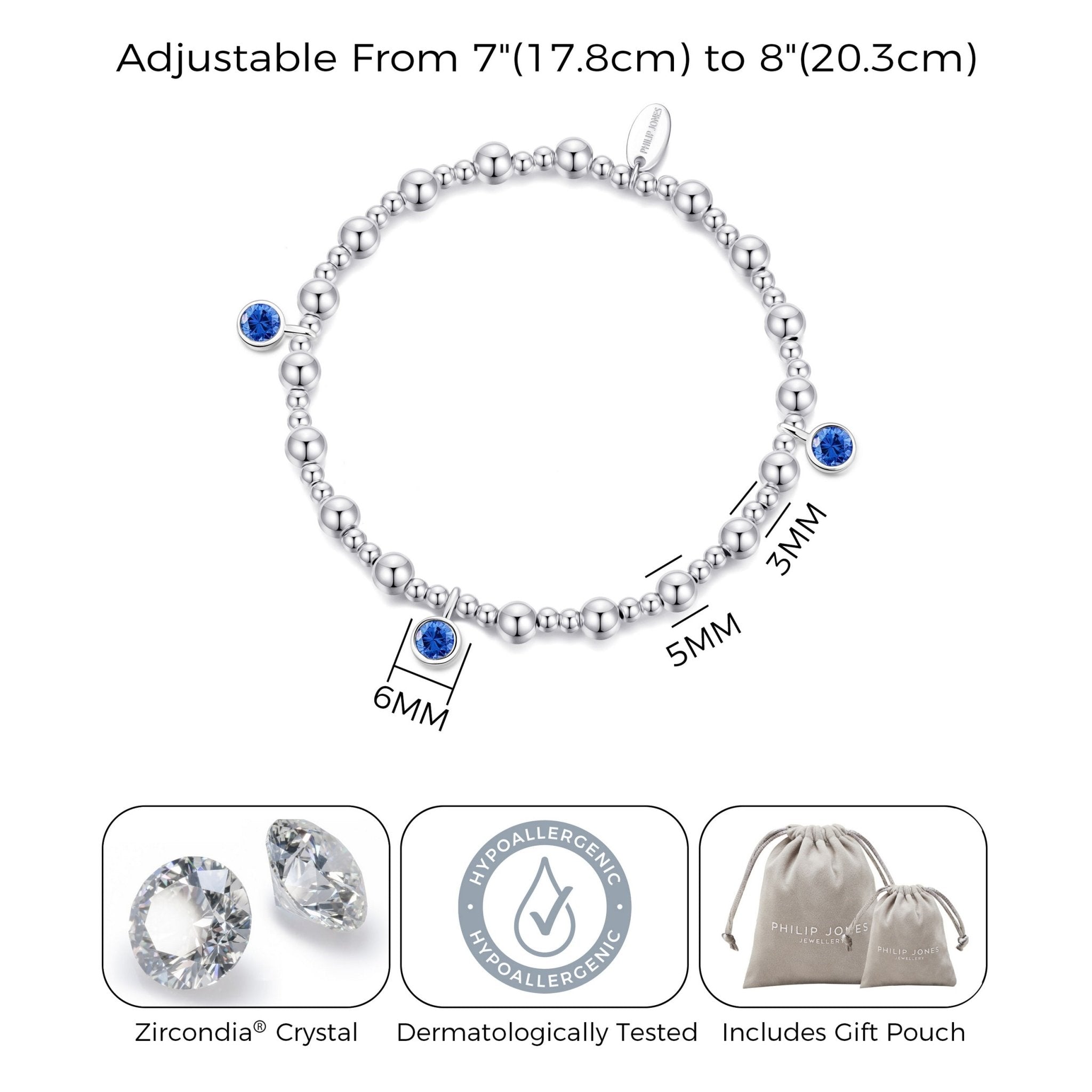 September (Sapphire) Birthstone Stretch Charm Bracelet with Quote Gift Box - Philip Jones Jewellery