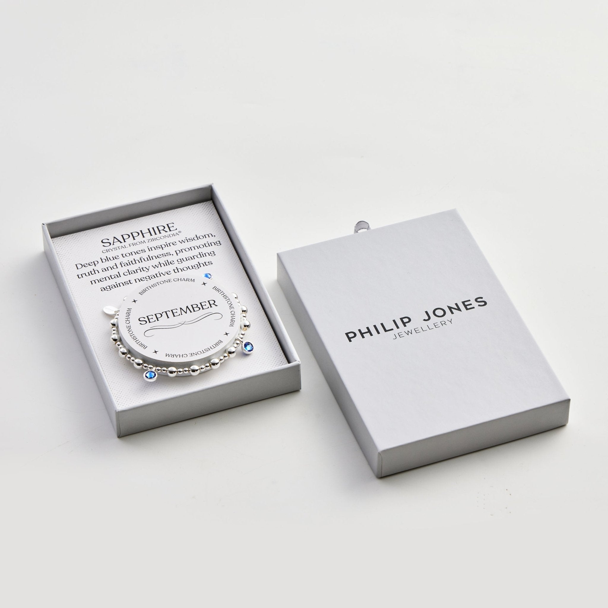 September (Sapphire) Birthstone Stretch Charm Bracelet with Quote Gift Box - Philip Jones Jewellery