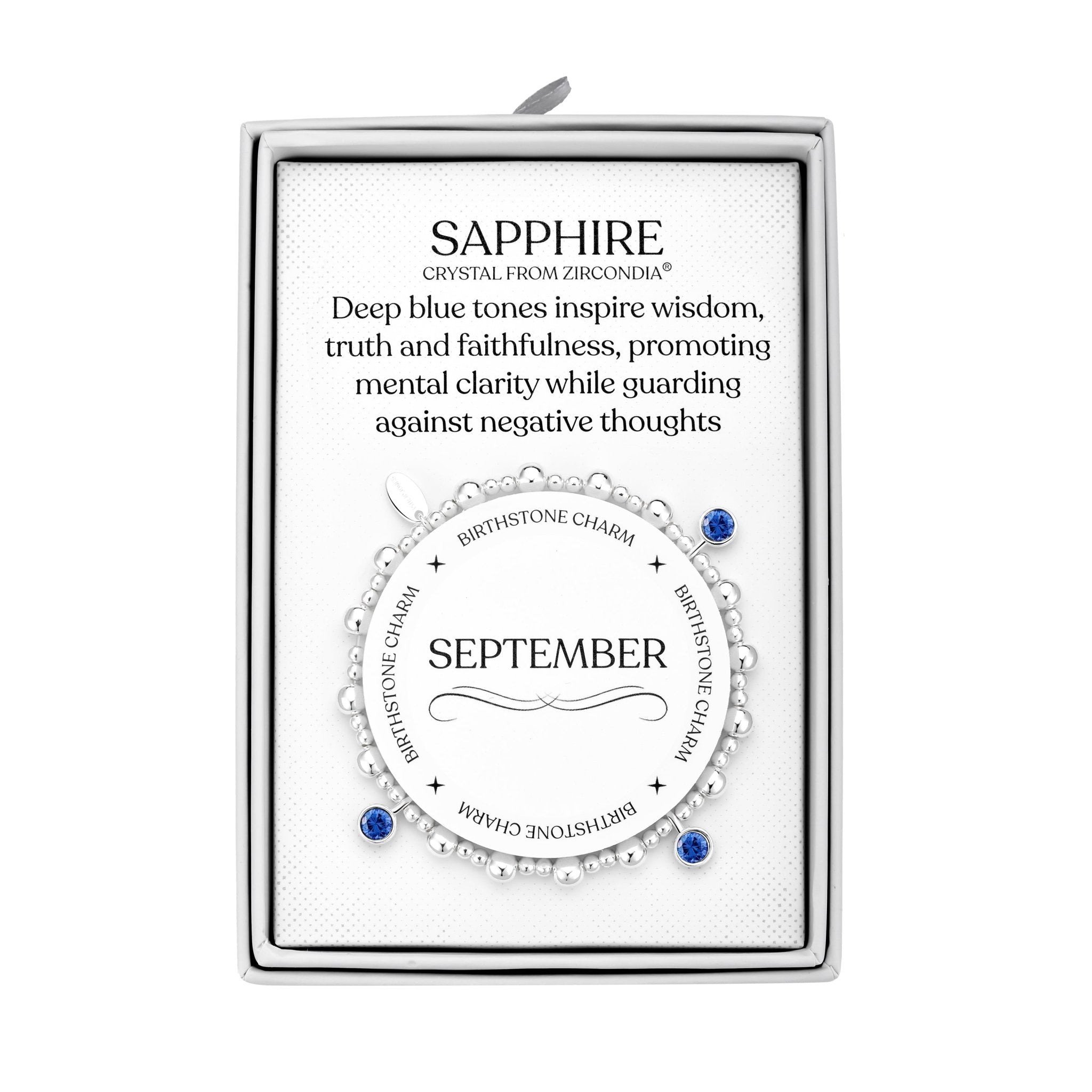 September (Sapphire) Birthstone Stretch Charm Bracelet with Quote Gift Box - Philip Jones Jewellery