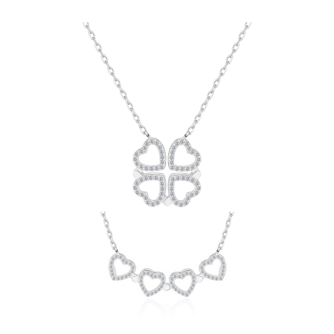 Silver Plated 2 in 1 Four Leaf Clover Heart Charm Necklace Created with Zircondia® Crystals - Philip Jones Jewellery