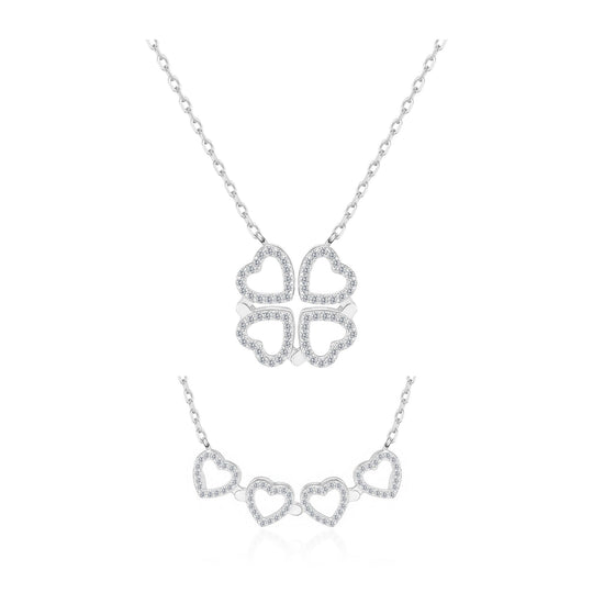 Silver Plated 2 in 1 Four Leaf Clover Heart Charm Necklace Created with Zircondia® Crystals - Philip Jones Jewellery