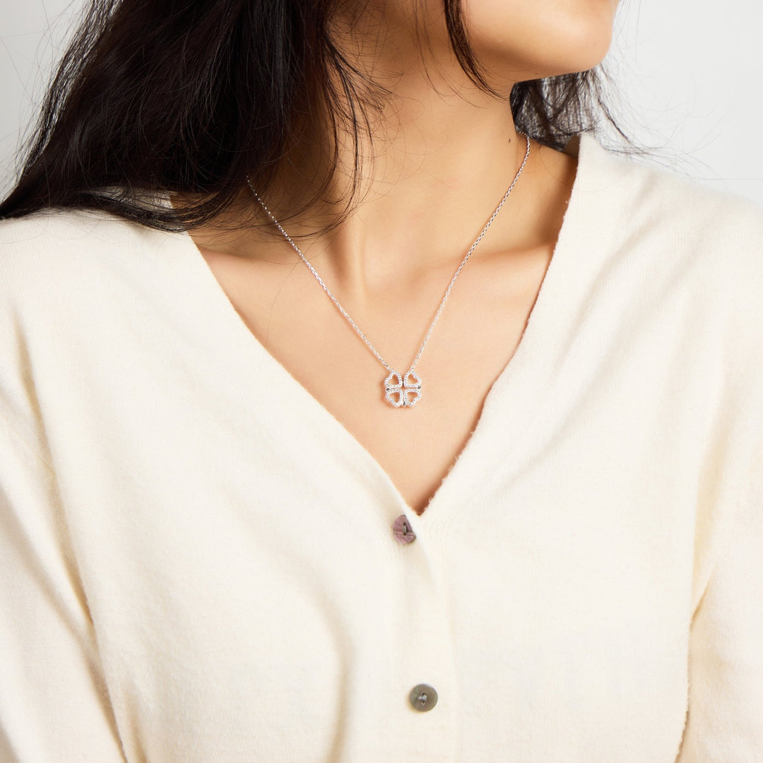 Silver Plated 2 in 1 Four Leaf Clover Heart Charm Necklace Created with Zircondia® Crystals - Philip Jones Jewellery