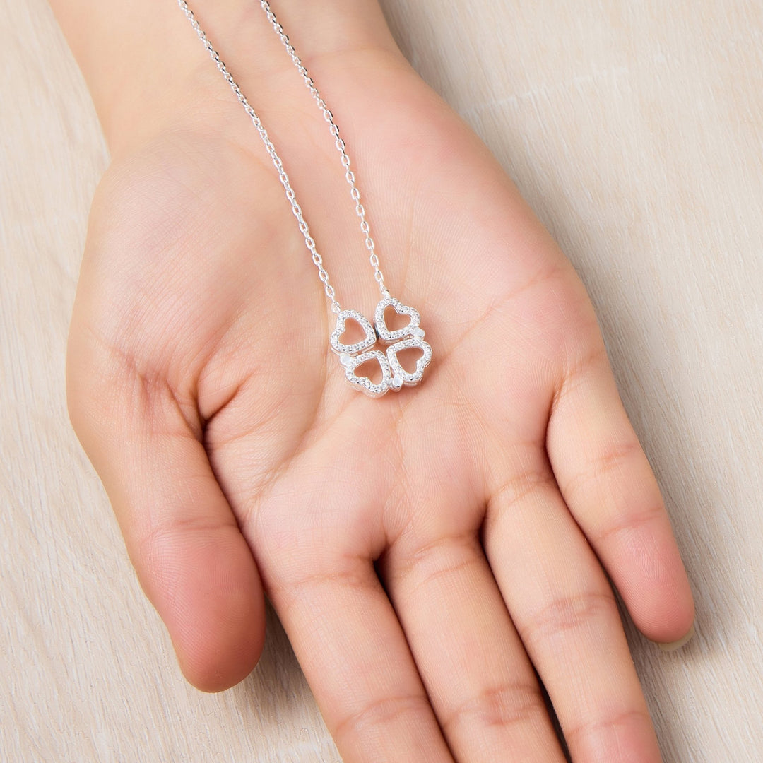 Silver Plated 2 in 1 Four Leaf Clover Heart Charm Necklace Created with Zircondia® Crystals - Philip Jones Jewellery